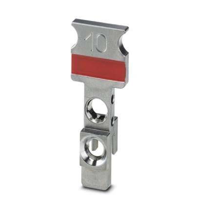 Silberner Metall-Terminalblock-Markierungshalter mit einem roten Streifen und der Nummer '10' oben, mit zwei kreisförmigen Öffnungen.