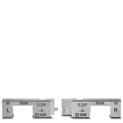Zwei Metallkalibrierungsblöcke sind mit den Buchstaben 'L' und 'R' gekennzeichnet, jeweils markiert mit den Messungen '0,25' und einem Quadratsymbol, die präzise Werkzeuge darstellen.