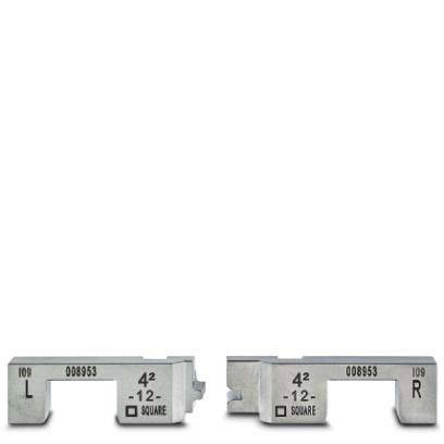 Metallbügel mit Beschriftungen 'L' und 'R' haben Markierungen '42 -12- Quadrat', die für strukturelle Ausrichtung oder Montage verwendet werden, vor einem weißen Hintergrund.