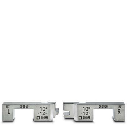 Zwei Metallhalterungen mit Beschriftung 'L' und 'R', beide gekennzeichnet mit '127 008956', nebeneinander platziert, mit Größenindikatoren '10² -12 - QUADRATISCH'.