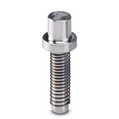 Eine Gewindemetallschraube mit einem zylindrischen Kopf und einer Feder um ihren Schaft, die typischerweise in mechanischen oder Bauanwendungen verwendet wird.