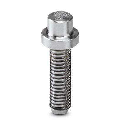 Eine Metallschraube mit einem zylindrischen Kopf und einem gewindeten Schaft. Der Kopf ist mit Markierungen graviert, die Messungen oder Markendetails angeben.