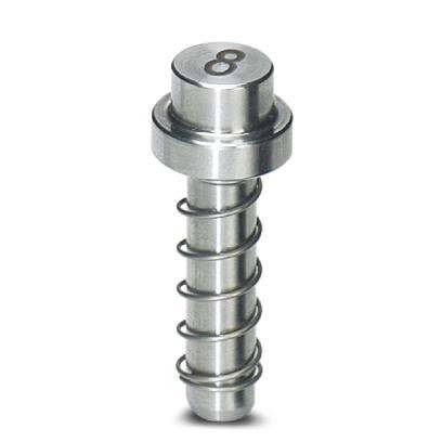 Ein metallisches Maschinenteil, das einer Schraube mit einer Spiralnut und einer flachen Oberfläche ähnelt, auf der die Zahl '8' markiert ist.