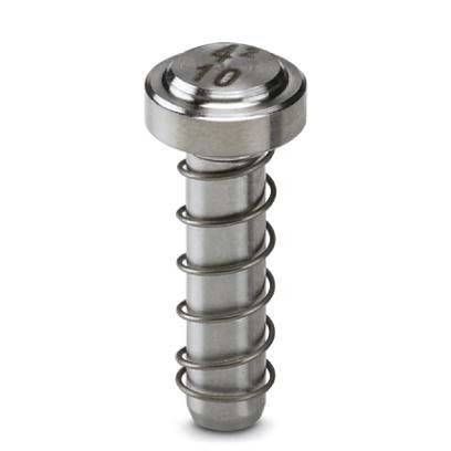 Ein Metallbolzen mit einer Schraubendruckfeder, die um seinen Schaft gewickelt ist, konzipiert für den Einsatz in mechanischen Baugruppen, mit der Gravur '42 10' auf der Oberseite.
