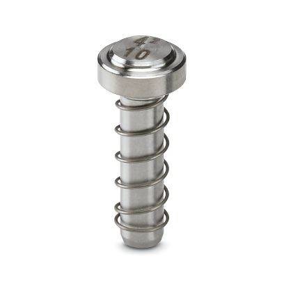 Metallischer federbelasteter Stempel mit rundem, flachem Kopf, isoliert auf weißem Hintergrund.