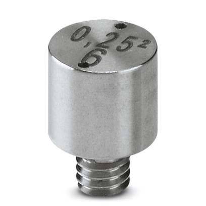 Ein kleines zylindrisches Metallbauteil mit eingravierter Nummer 0,25 und 6 auf der Oberseite, höchstwahrscheinlich ein Messwerkzeug oder eine Messvorrichtung.