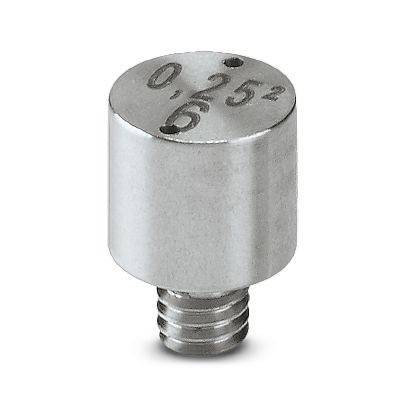 Kleine silberne Metallzylinder mit gewindelter Basis und gravierten Markierungen auf der Oberseite, auf weißem Hintergrund dargestellt.