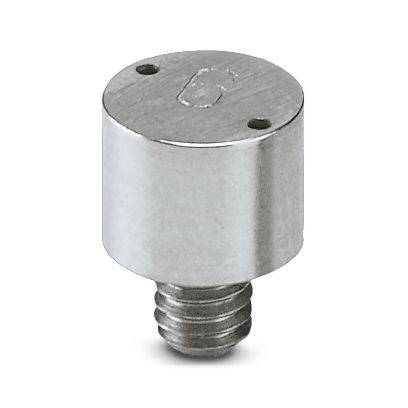 Kleine Metallgewindebefestigung mit zylindrischem Kopf und zwei oberen Löchern, dargestellt auf weißem Hintergrund.