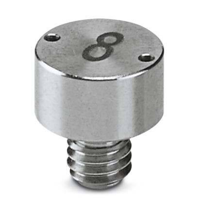 Eine metallische, zylindrische Schraubkappe mit der Zahl '8', die auf ihrer flachen Oberfläche eingraviert ist. Die Schraube weist am unteren Ende Gewinde zum Befestigen auf.