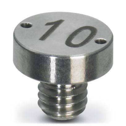 Eine Metallkomponente mit einer flachen kreisförmigen Oberfläche, die mit der Zahl '10' beschriftet ist, sowie zwei Löchern, die an einem Gewindebolzen befestigt ist und wahrscheinlich in mechanischen Baugruppen verwendet wird.