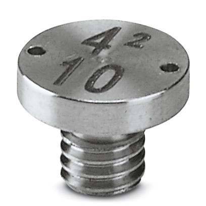 Eine Metallschraube mit gravierten Zahlen '42' und '10' auf ihrem runden Kopf, von oben betrachtet, mit zwei kleinen Löchern und Gewinde.