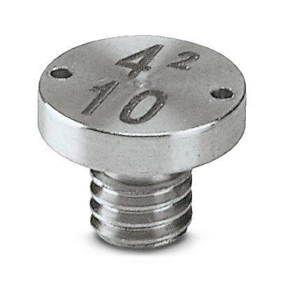 Nahaufnahme eines kleinen Metallgewindelochers oder einer Schraube mit der Aufschrift 