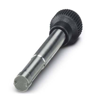 Eine zylindrische Metallwelle mit einem schwarzen gerillten Knopf, die als Maschinenkomponente oder Werkzeugbestandteil verwendet wird.