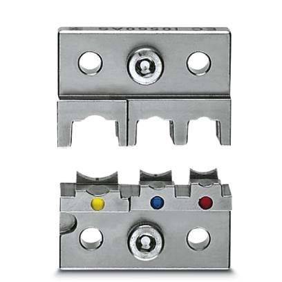 Metallischer Anschlussblock mit farbigen Markierungen: gelb, blau und rot. Ausgestattet mit einer zentralen Schraube und mehreren Anschlüssen für Verdrahtungsverbindungen.