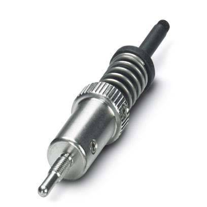 „Nahaufnahme einer industriellen Metallkomponente mit Gewindeabschnitt, Schraubenspule und hervorstehendem Stift vor einem weißen Hintergrund.