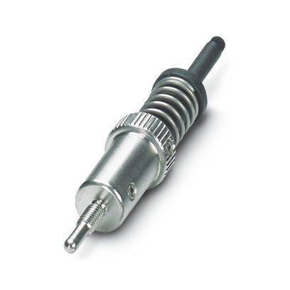 Metallischer federbelasteter mechanischer Kolben oder Ventilbauteil mit Gewinde-Spitze und schwarzem Schaft auf weißem Hintergrund.