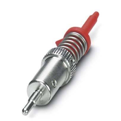 Ein Metallverbinder mit einem gewindeten Körper und einer roten Kunststoffspitze, der für elektrische Anwendungen verwendet wird.