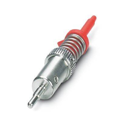 Metallischer federbelasteter Stiftverbinder mit roter isolierter Kappe, isoliert auf weißem Hintergrund dargestellt.