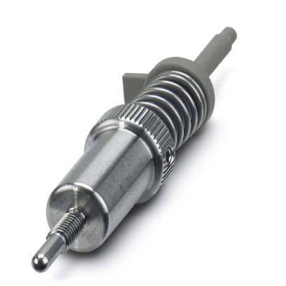 Eine Nahaufnahme einer metallischen, federbetätigten mechanischen Komponente mit einer zylindrischen Basis und herausragendem Stab, möglicherweise Teil einer Maschine.