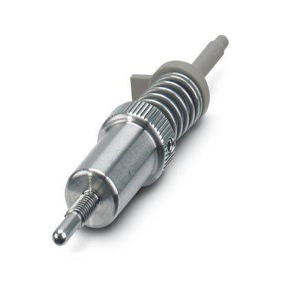 Ein metallisches mechanisches Ventil oder Stellantrieb mit einer Spiralfeder und einer Gewindeachse, dargestellt auf weißem Hintergrund.