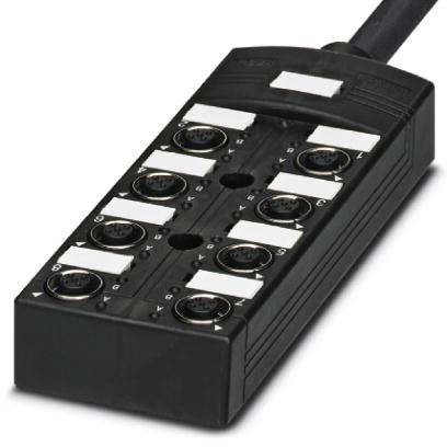 Ein schwarzes elektronisches Gerät mit acht beschrifteten Anschlüssen, in zwei Spalten angeordnet, durch ein Kabel verbunden.