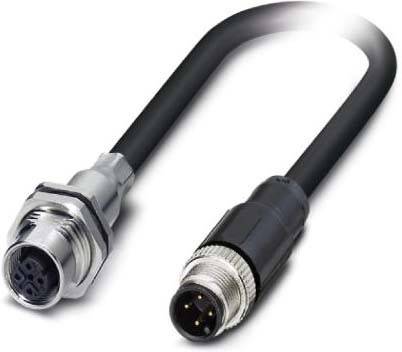 Ein schwarzes industrielles Rundkabel mit zwei Arten von Anschlüssen: einem weiblichen Sockel mit drei Pins und einem männlichen Stecker mit vier Pins.