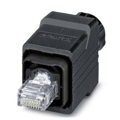 Ein schwarzer Ethernet-Anschluss mit angebautem Gehäuse, der einen transparenten RJ45-Stecker in der Mitte aufweist und für Netzwerkverbindungen verwendet wird.