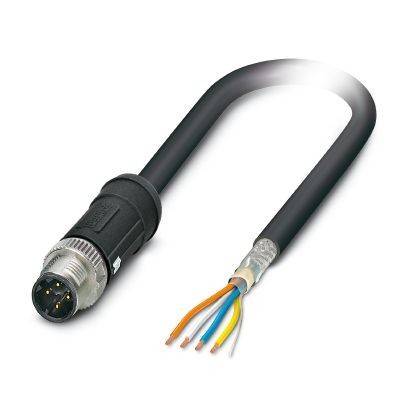 Schwarzer Kabeladapter mit einem runden Mehrpol-Stecker auf der einen Seite und vier freigelegten farbigen Drähten auf der anderen Seite.