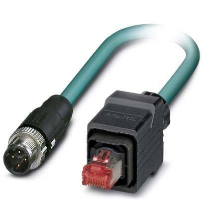 Ein türkisfarbenes Kabel mit einem männlichen Mehrfachanschluss an einem Ende und einer schwarzen Box mit einem Netzwerkanschluss am anderen Ende, das für Datentransfer verwendet wird.