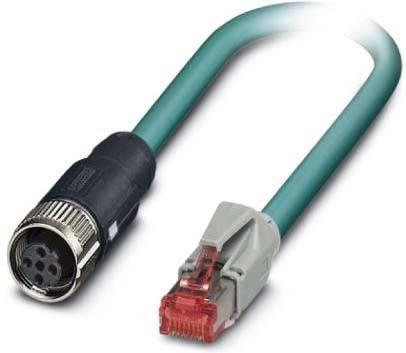 Ein Kabel mit einem runden Stecker an einem Ende und einem roten Ethernet-Stecker am anderen Ende, das für Netzwerkverbindungen oder zum Anschluss elektronischer Geräte verwendet wird.