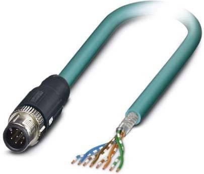 Eine Nahaufnahme eines Netzwerkkabels mit einem Stecker auf der einen Seite und freiliegenden, farbigen Drähten auf der anderen Seite, die seine interne Verdrahtung veranschaulicht.