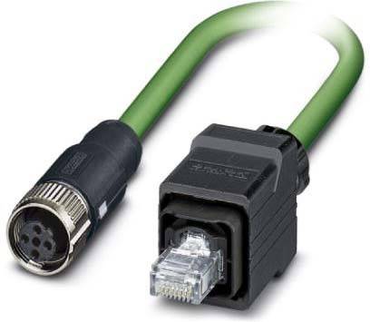 Ein grünes Ethernet-Kabel mit einem schwarzen Stecker an einem Ende und einem silbernen runden Stecker am anderen Ende.