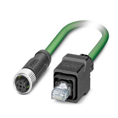 Grünes Industriekabel mit einem kreisförmigen 5-poligen Stecker auf einer Seite und einem RJ45-Ethernet-Stecker in schwarzem Gehäuse auf der anderen Seite.