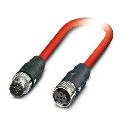 Rotes Kabel mit kreisförmigen Mehrfach-Steckverbindern an beiden Enden, wahrscheinlich ein Industrie- oder Sensorkabel.