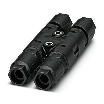 Schwarzer inline Elektrostecker mit vier Kabelanschlüssen und zwei zentralen Schrauben, dargestellt auf weißem Hintergrund.