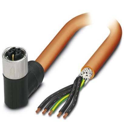 Ein flexibles orangefarbenes elektrisches Kabel teilt sich in sechs farbige Drähte mit einem angeschlossenen schwarzen Stecker an einem Ende.