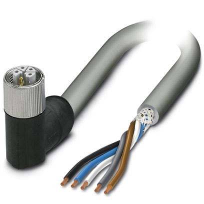 Ein grauer industrieller Kabel mit einer gebogenen Schutzummantelung zeigt fünf farbige Drähte: weiß, grau, blau, braun und schwarz am Ende.