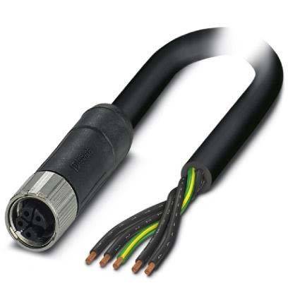 Ein schwarzes und silbernes elektrisches Kabel mit freiliegenden Kupferdrähten und farbcodierter Isolierung, verwendet für industrielle Verbindungen.