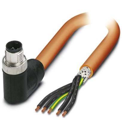 Ein abgewinkelter Anschluss mit angeschlossenem orangefarbenem Kabel, das am Ende fünf isolierte Drähte freilegt, was auf eine elektrische Komponente hinweist.