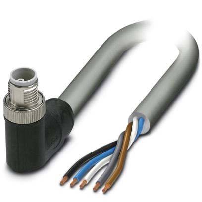 Ein ellbogenförmiges elektrisches Kabel mit einem silbernen Stecker und fünf farbigen Leitungen ist teilweise sichtbar, wobei die Drahtenden hervorgehoben werden.
