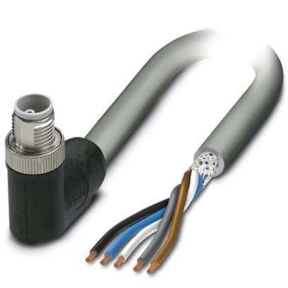 Gebogenes elektrisches Kabel mit mehreren Farbdraht-Enden, die freigelegt sind, neben einem Metallverbinder. Geeignet für Kabelverbindungen.