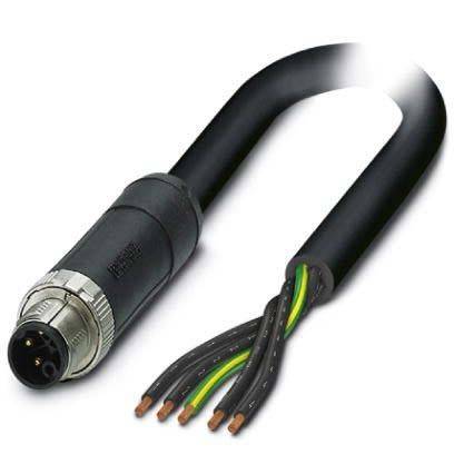 Ein schwarzes industrielles Kabel mit einem Metallstecker und vier freiliegenden farbigen Leitern (schwarz, grün, gelb und braun) am Ende.