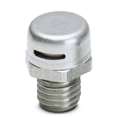 Ein Metallstecker mit einer runden Kappe und einer gerundeten Gewindebasis, der einen kleinen horizontalen Schlitz an der Oberseite für Luftzirkulation oder Belüftung aufweist.