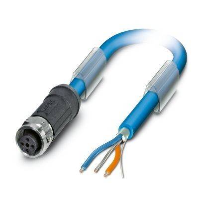 Blaues Industriekabel mit einem Rundstecker an einem Ende und freiliegenden blauen, orangefarbenen und weißen Drähten am anderen Ende, dargestellt auf weißem Hintergrund.