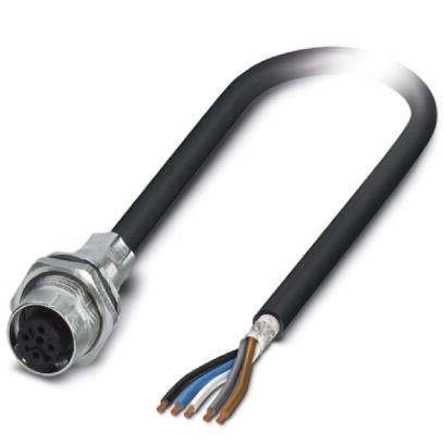 „Ein elektrisches Kabel mit einem runden Stecker an einem Ende und freiliegenden Leitungen am anderen Ende, das farbcodierte Kabelisolierungen aufweist.