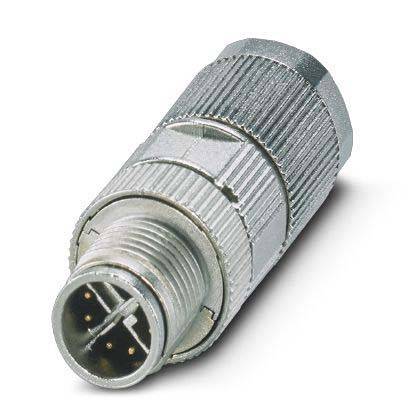 Ein silberner, zylindrischer Verbinder mit detaillierten Rillen und vier sichtbaren Pins im Inneren, der zum Verbinden elektronischer Geräte oder Systeme verwendet wird.