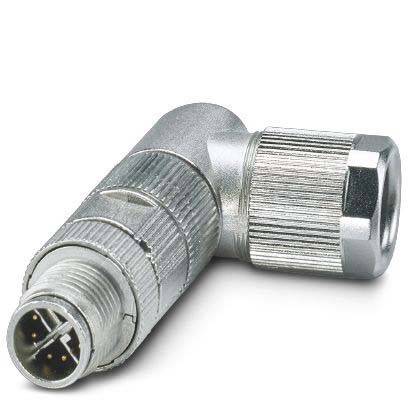 Ein metallischer, rechtwinkliger, 8-poliger Rundsteckverbinder mit Gewindesicherung für sichere elektrische Verbindungen in industriellen Anwendungen.