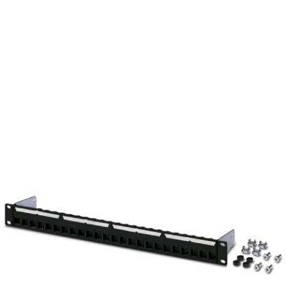 Ein 24-Port-Patchpanel in Schwarz mit Montagehalterungen, Schrauben und Komponenten zur Netzwerkkabelorganisation.