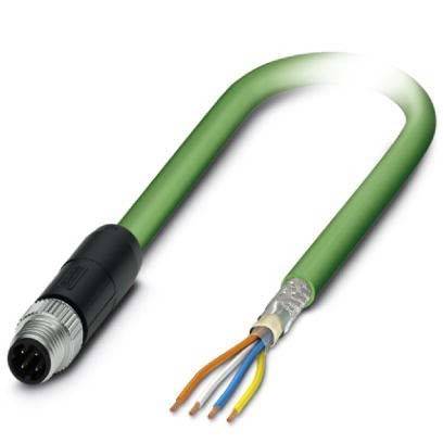 Ein grünes Kabel mit einem schwarzen Stecker an einem Ende und mehreren freigelegten Drähten am anderen Ende, wobei die internen Adernfarben sichtbar sind.