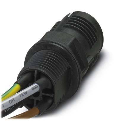 Nahaufnahme eines schwarzen, kreisförmigen elektrischen Anschlusses mit drei mehrfarbigen Kabeln, die aus ihm herausragen und zeigen eine geriffelte Außenfläche.